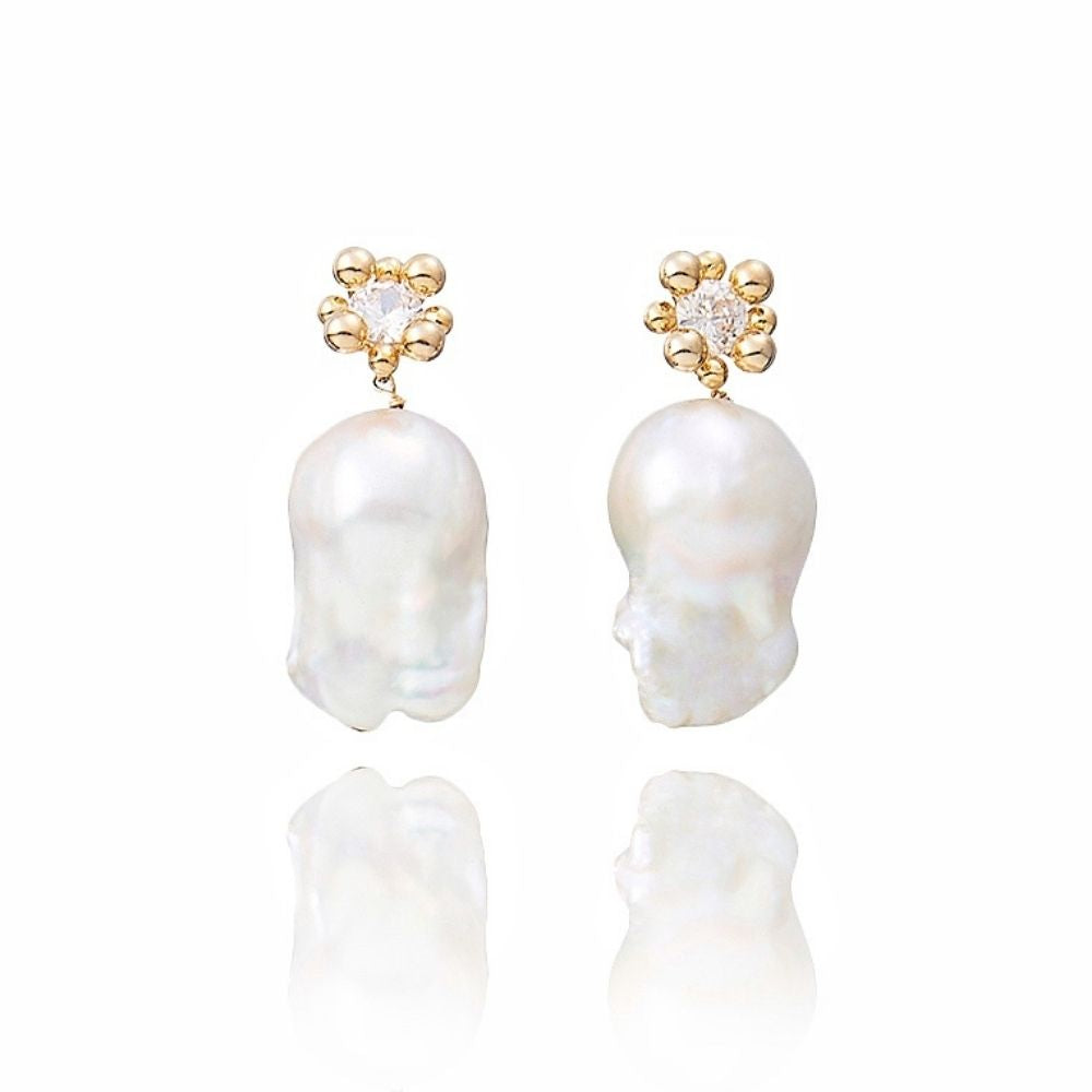FLORA Gold Bead Flower Zircon Baroque Pearl Drop Earrings