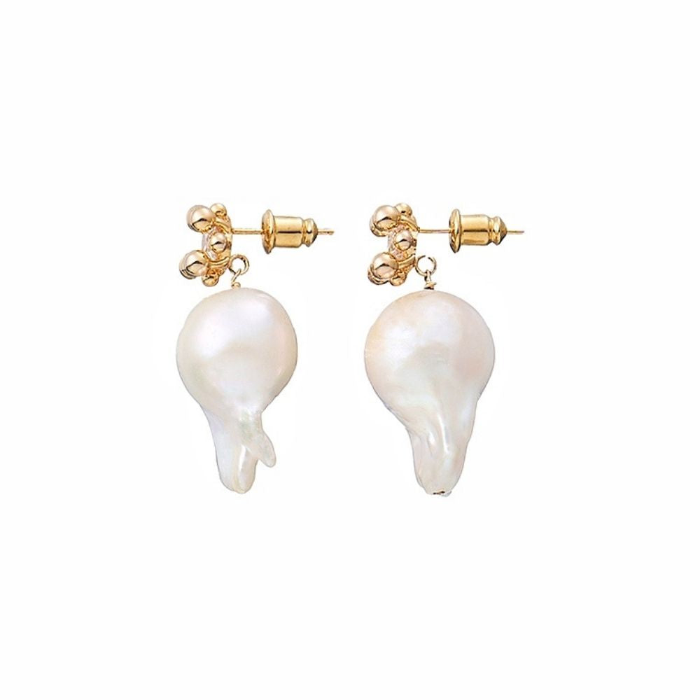 FLORA Gold Bead Flower Zircon Baroque Pearl Drop Earrings