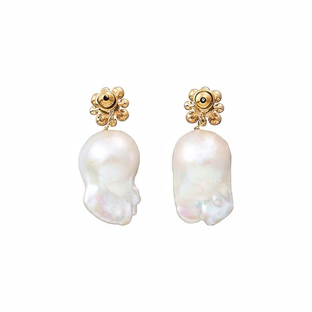 FLORA Gold Bead Flower Zircon Baroque Pearl Drop Earrings